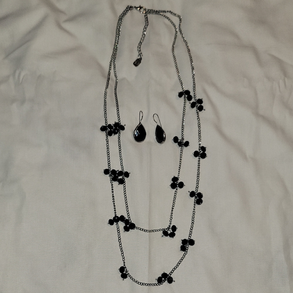 Black Bead Multi-Strand Necklace and Teardrop Earrings Set